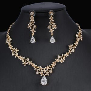 1623915183583.jpg Golden Zircon Jewelry Set Bridal Necklace Earrings Wedding Two-piece Set