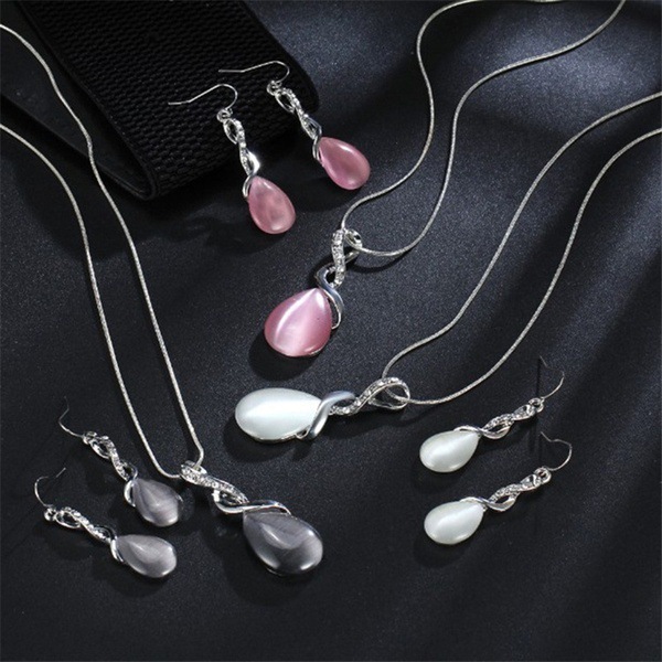 760364623365.jpg Fashion Opal Jewelry Sets For Woman Cubic zirconia Water Drop Necklace Pendant Earrings Statement Bridal Wedding Party Gift